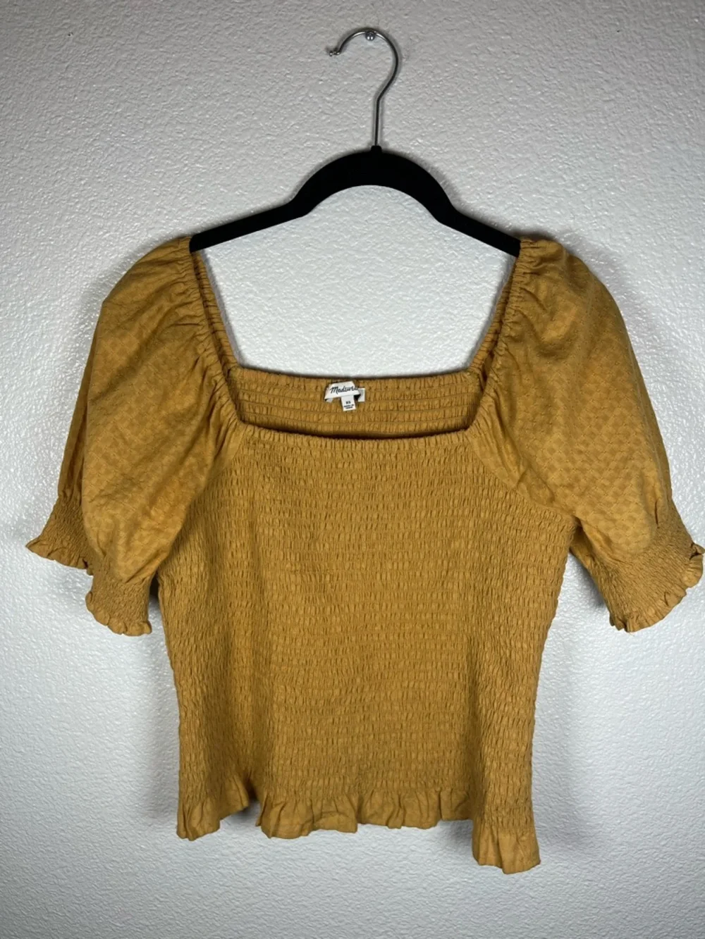 Madewell‎ Lucie Puff-Sleeve Smocked Bodice Top Earthen Gold Women's XS